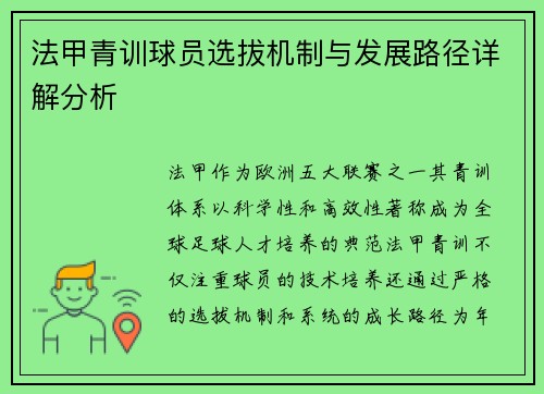 法甲青训球员选拔机制与发展路径详解分析